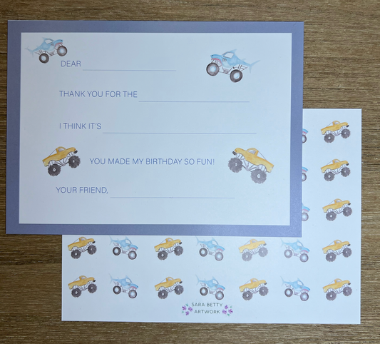 Fill In The Blank Thank You Notecards: Watercolor Monster Truck Stationary
